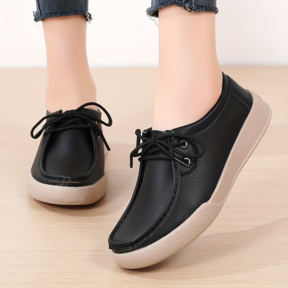 Women's Simple Flat Shoes, Casual Lace Up Soft Sole Shoes, Lightweight Low Top Faux Leather Shoes