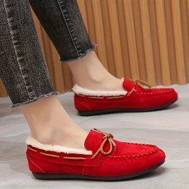 Women's Solid Color Fluffy Loafers, Slip On Soft Sole Flat Winter Warm Shoes, Casual Plush Non-slip Shoes