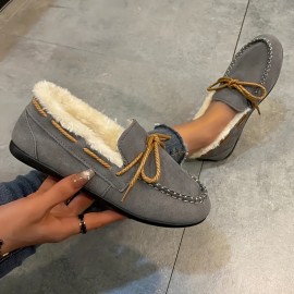 Women's Solid Color Fluffy Loafers, Slip On Soft Sole Flat Winter Warm Shoes, Casual Plush Non-slip Shoes