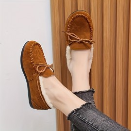 Women's Solid Color Fluffy Loafers, Slip On Soft Sole Flat Winter Warm Shoes, Casual Plush Non-slip Shoes