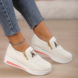 Women's Wedge Heeled Casual Shoes, Platform Zipper Solid Color Sneakers, Women's Comfy Casual Shoes