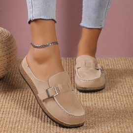 Women's Suedette Flat Loafers, Solid Color Slip On Buckle Decor Half Drag Shoes, Light & Comfy Shoes