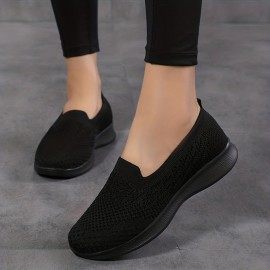 Women's Breathable Knit Flat Shoes, Casual Slip On Outdoor Shoes, Lightweight Low Top Shoes