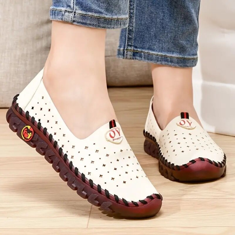 Women's Hollow Out Design Flat Shoes, Breathable Low Top Slip On Shoes, Women's Comfy Walking Shoes