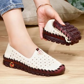 Women's Hollow Out Design Flat Shoes, Breathable Low Top Slip On Shoes, Women's Comfy Walking Shoes