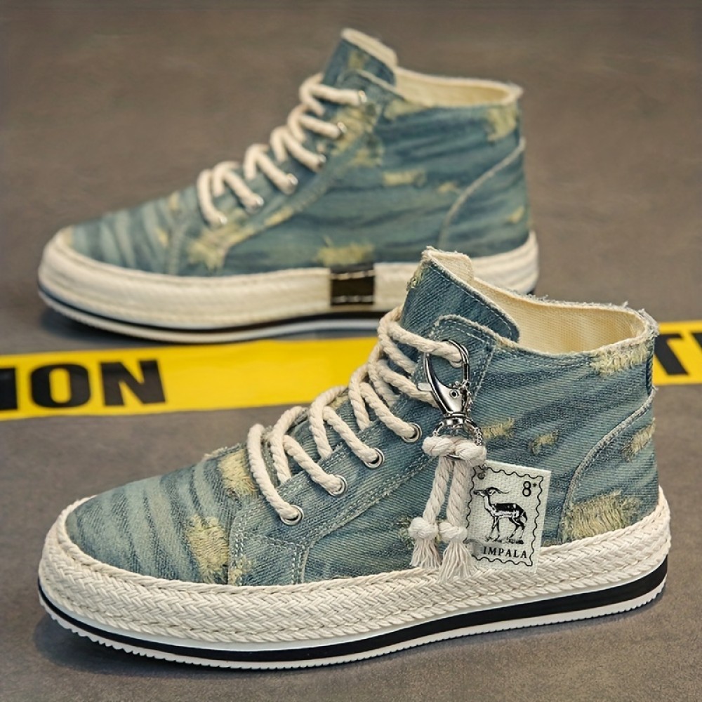 Men's Distressed Denim High Top Skate Shoes With Good Grip, Breathable Lace-up Sneakers, Men's Footwear, Espadrilles Inspired Look