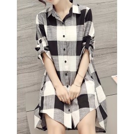 Plaid Print Dipped Hem Shirt, Casual Mid Length Button Front Turn Down Collar Long Sleeve Shirt, Women's Clothing