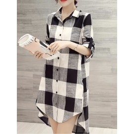 Plaid Print Dipped Hem Shirt, Casual Mid Length Button Front Turn Down Collar Long Sleeve Shirt, Women's Clothing