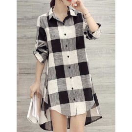 Plaid Print Dipped Hem Shirt, Casual Mid Length Button Front Turn Down Collar Long Sleeve Shirt, Women's Clothing