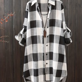 Plaid Print Dipped Hem Shirt, Casual Mid Length Button Front Turn Down Collar Long Sleeve Shirt, Women's Clothing