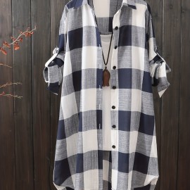 Plaid Print Dipped Hem Shirt, Casual Mid Length Button Front Turn Down Collar Long Sleeve Shirt, Women's Clothing