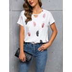 Feather Print Crew Neck Blouse, Casual Cut Out Short Sleeve Blouse For Spring & Summer, Women's Clothing