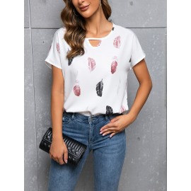 Feather Print Crew Neck Blouse, Casual Cut Out Short Sleeve Blouse For Spring & Summer, Women's Clothing