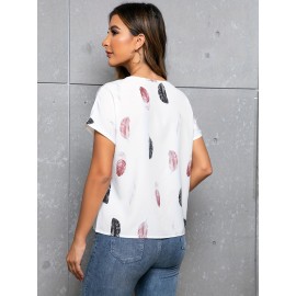 Feather Print Crew Neck Blouse, Casual Cut Out Short Sleeve Blouse For Spring & Summer, Women's Clothing