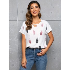 Feather Print Crew Neck Blouse, Casual Cut Out Short Sleeve Blouse For Spring & Summer, Women's Clothing