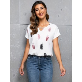 Feather Print Crew Neck Blouse, Casual Cut Out Short Sleeve Blouse For Spring & Summer, Women's Clothing