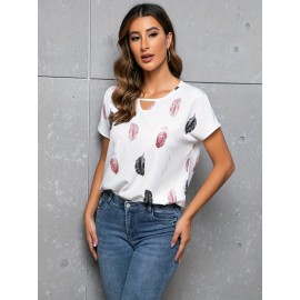 Feather Print Crew Neck Blouse, Casual Cut Out Short Sleeve Blouse For Spring & Summer, Women's Clothing