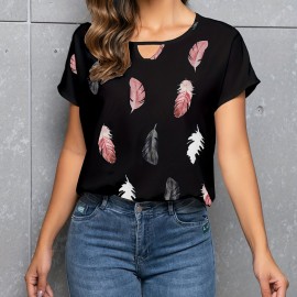 Feather Print Crew Neck Blouse, Casual Cut Out Short Sleeve Blouse For Spring & Summer, Women's Clothing