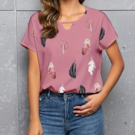 Feather Print Crew Neck Blouse, Casual Cut Out Short Sleeve Blouse For Spring & Summer, Women's Clothing