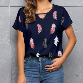 Feather Print Crew Neck Blouse, Casual Cut Out Short Sleeve Blouse For Spring & Summer, Women's Clothing