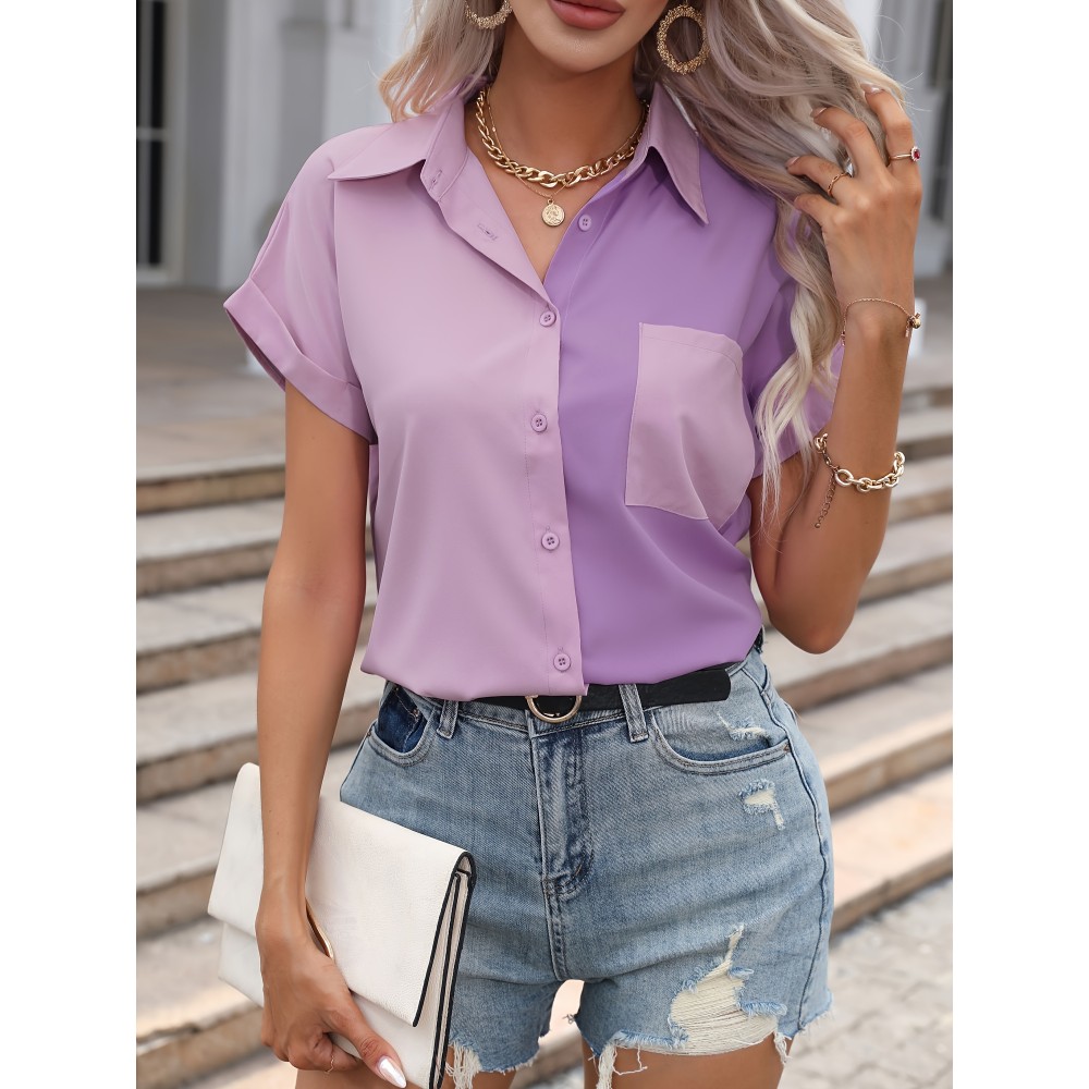 Color Block Button Front Blouse, Casual Short Sleeve Blouse With Pocket, Women's Clothing