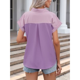 Color Block Button Front Blouse, Casual Short Sleeve Blouse With Pocket, Women's Clothing