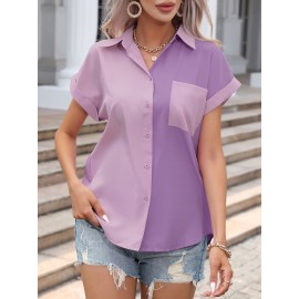 Color Block Button Front Blouse, Casual Short Sleeve Blouse With Pocket, Women's Clothing