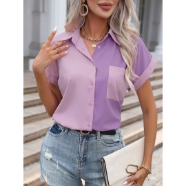 Color Block Button Front Blouse, Casual Short Sleeve Blouse With Pocket, Women's Clothing