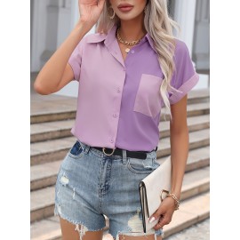 Color Block Button Front Blouse, Casual Short Sleeve Blouse With Pocket, Women's Clothing