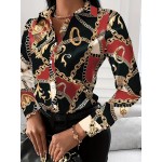 Women's Blouse V-neck Print Button Long Sleeve Loose Fall Blouse