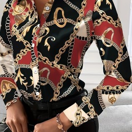 Women's Blouse V-neck Print Button Long Sleeve Loose Fall Blouse