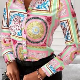 Women's Blouse V-neck Print Button Long Sleeve Loose Fall Blouse