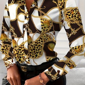 Women's Blouse V-neck Print Button Long Sleeve Loose Fall Blouse