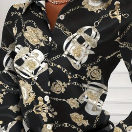 Women's Blouse V-neck Print Button Long Sleeve Loose Fall Blouse