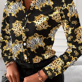 Women's Blouse V-neck Print Button Long Sleeve Loose Fall Blouse