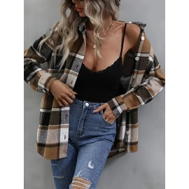 Plaid Pattern Button Front Shirt, Casual Long Sleeve Lapel Shirt, Women's Clothing