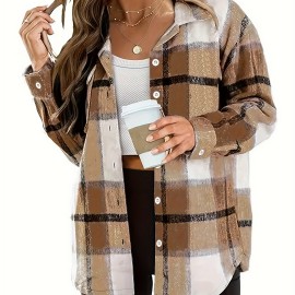 Plaid Pattern Button Front Shirt, Casual Long Sleeve Lapel Shirt, Women's Clothing