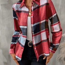 Plaid Pattern Button Front Shirt, Casual Long Sleeve Lapel Shirt, Women's Clothing