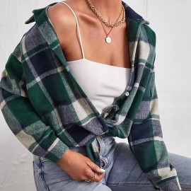 Plaid Pattern Button Front Shirt, Casual Long Sleeve Lapel Shirt, Women's Clothing