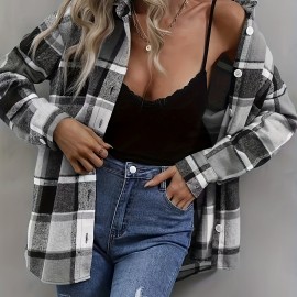 Plaid Pattern Button Front Shirt, Casual Long Sleeve Lapel Shirt, Women's Clothing