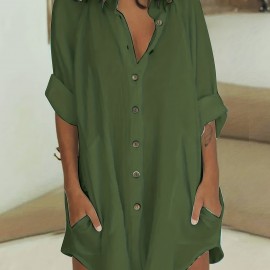 Long Sleeve Shirt Dress, Button Up Casual Dress, Women's Clothing