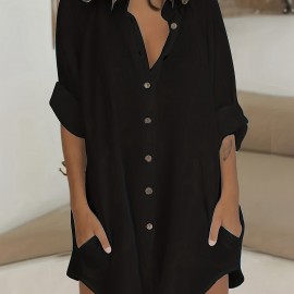 Long Sleeve Shirt Dress, Button Up Casual Dress, Women's Clothing