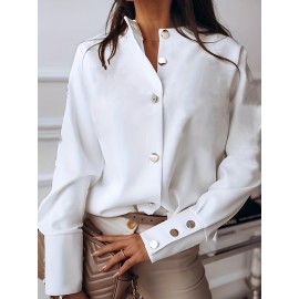 Solid Button Front Blouse, Casual Long Sleeve Versatile Blouse, Women's Clothing