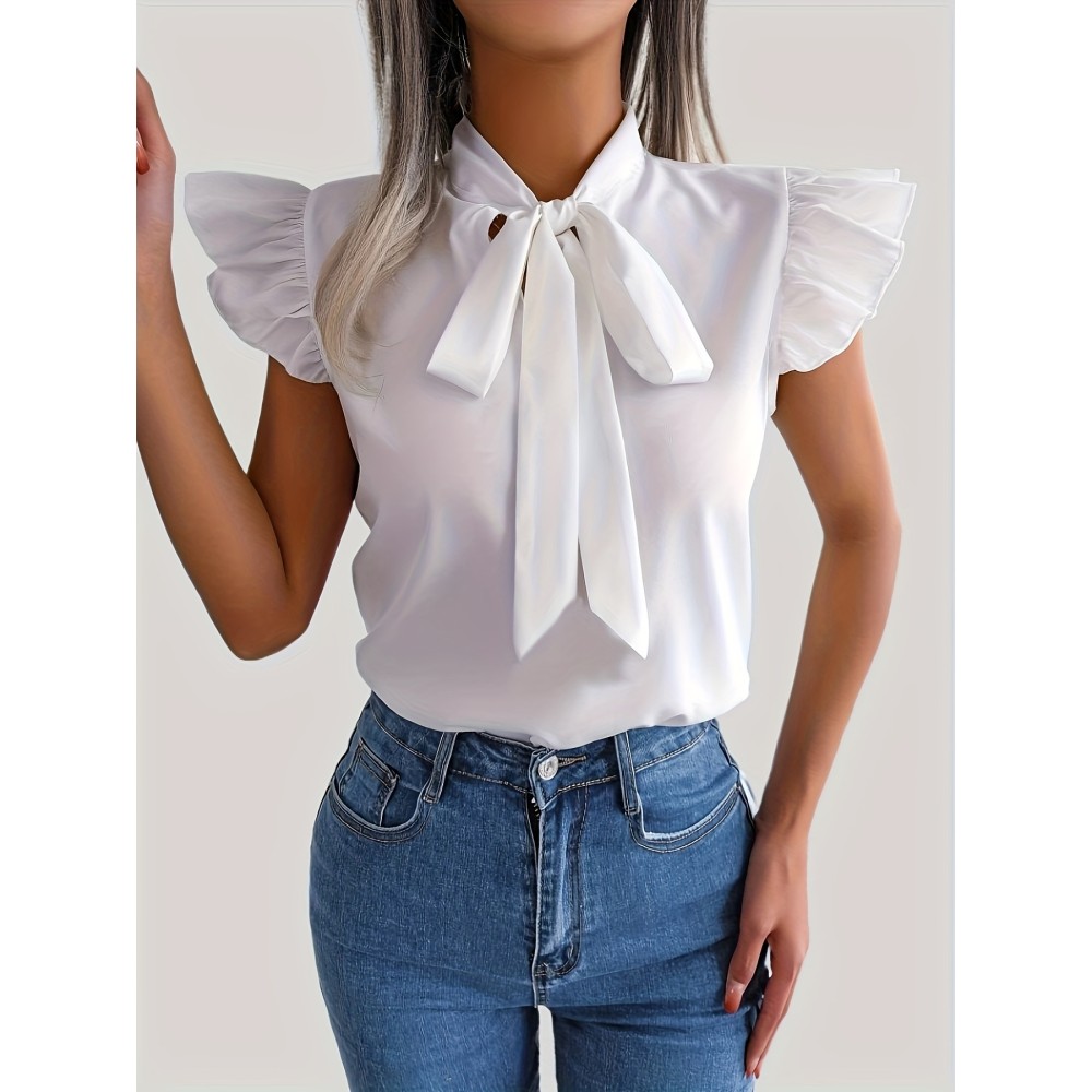 Tie Neck Cap Sleeve Blouse, Casual Solid Ruffle Trim Blouse, Women's Clothing