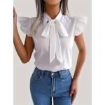 Tie Neck Cap Sleeve Blouse, Casual Solid Ruffle Trim Blouse, Women's Clothing