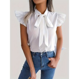 Tie Neck Cap Sleeve Blouse, Casual Solid Ruffle Trim Blouse, Women's Clothing