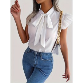 Tie Neck Cap Sleeve Blouse, Casual Solid Ruffle Trim Blouse, Women's Clothing