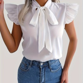 Tie Neck Cap Sleeve Blouse, Casual Solid Ruffle Trim Blouse, Women's Clothing