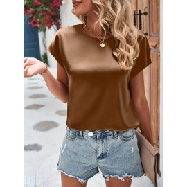 Solid Simple Blouse, Casual Crew Neck Short Sleeve Blouse, Women's Clothing