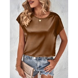 Solid Simple Blouse, Casual Crew Neck Short Sleeve Blouse, Women's Clothing